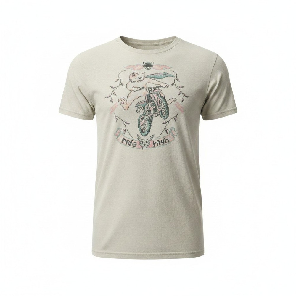Threadless‎ Motocross-Stitch Kitteh Graphic Tee Cream Cat Biker Shirt Medium
